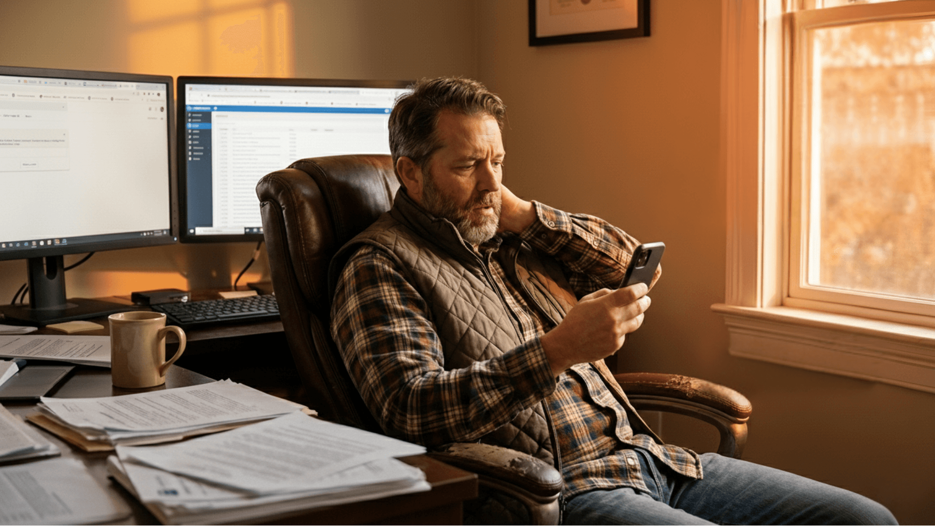 Overwhelmed business owner looking at phone